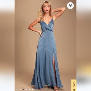 Lulus Constantine Slate Blue Satin Maxi Dress